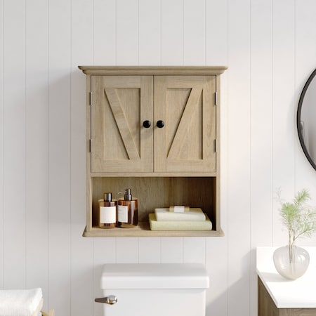 Flash Furniture Dune Farmhouse Wall Mounted Bathroom Medicine Cabinet Storage Organizer w/2 Magnetic Closure Doors FS-BATH-7-BR-GG